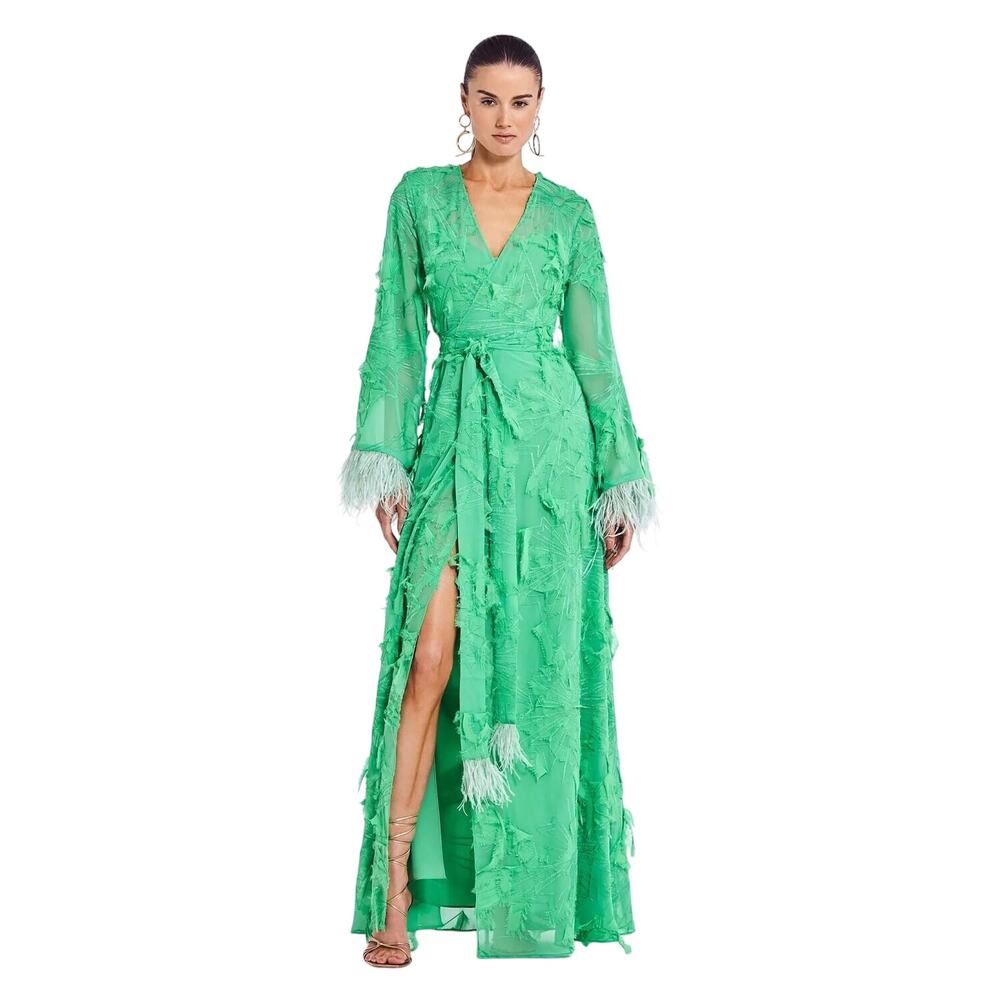 Alexis Kalin Feather Trim Long Sleeve Wrap Maxi Dress Green Women's Small NWT